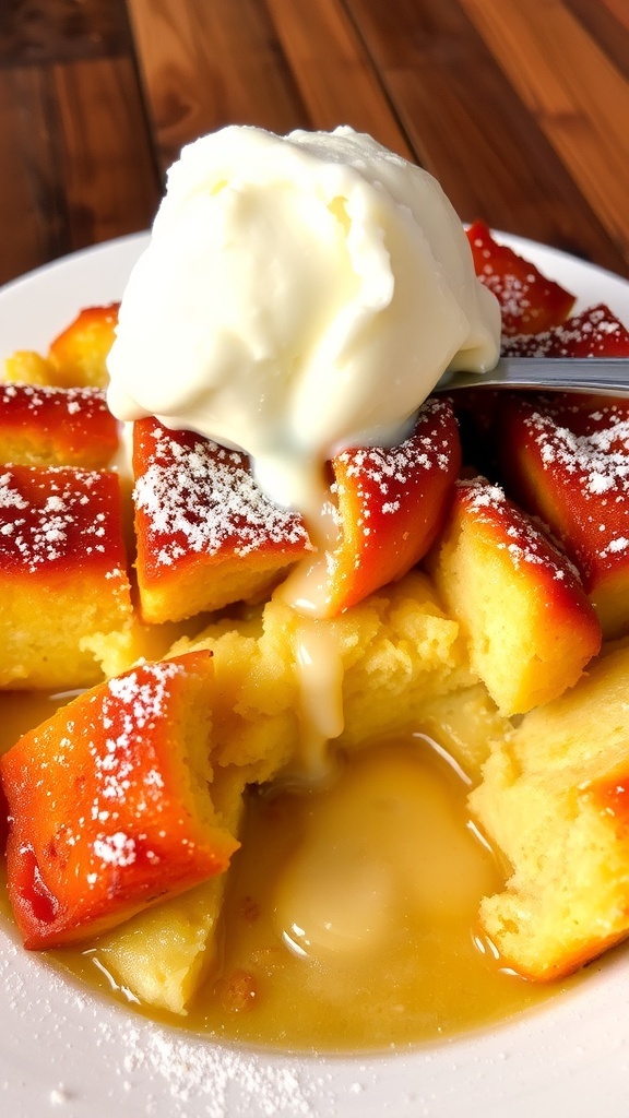 A serving of golden brown bread pudding with powdered sugar and vanilla ice cream on a rustic table.